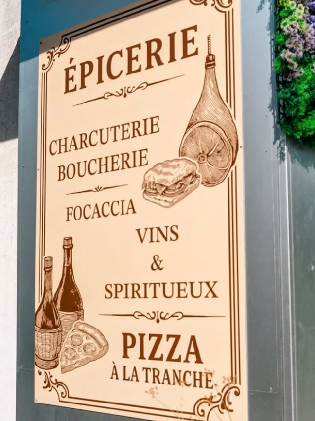 Panneau décoratif Tagliato Fine : Épicerie, Charcuterie, Boucherie, Focaccia, Vins, Pizza à la tranche